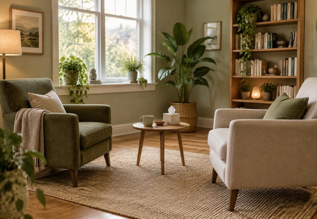 Sala de atendimento acolhedora, com duas poltronas, estante de livros e luz natural